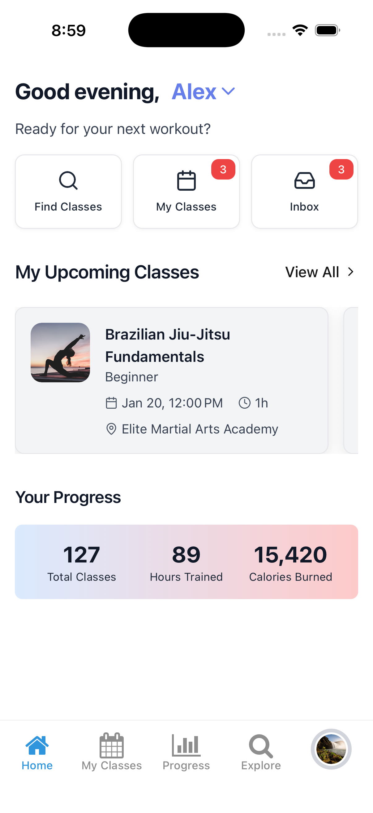 Fitness studio app interface